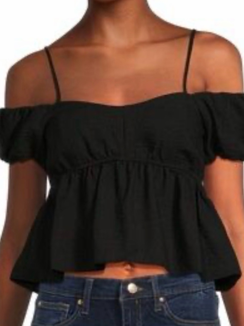 Women's Black Smocked Off Shoulder Puff Sleeve Peasant Blouse L
